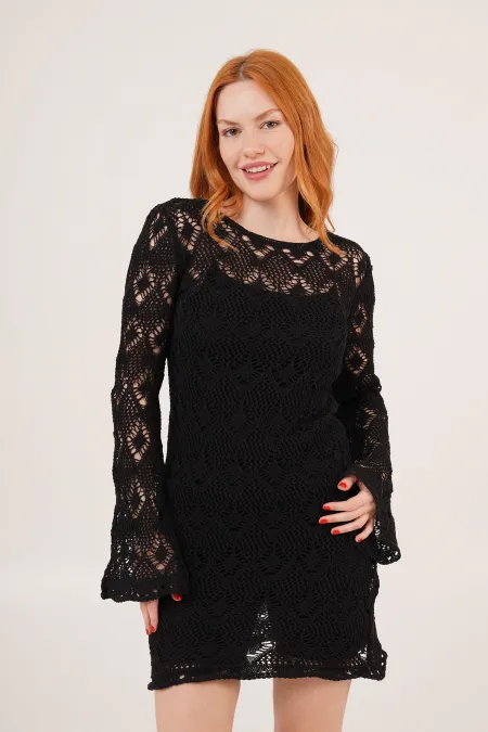 Ajurlu Kayık Yaka Toptan Siyah Elbise