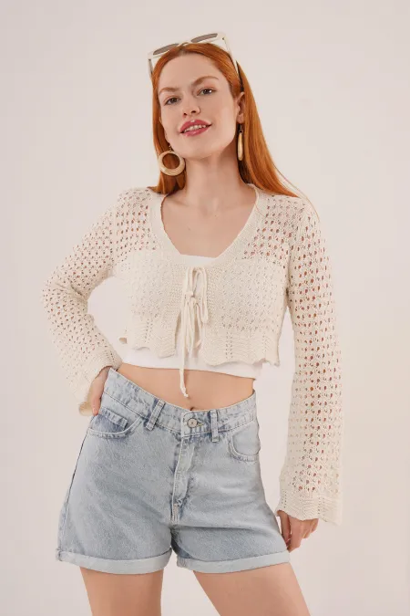 Ön Bağlamalı Ajurlu Crop Toptan Krem Hırka