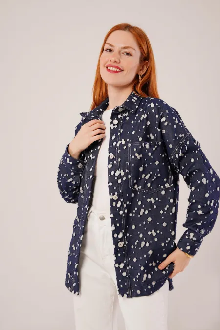 Eskitme Görünümlü Denim Toptan Mavi Gömlek