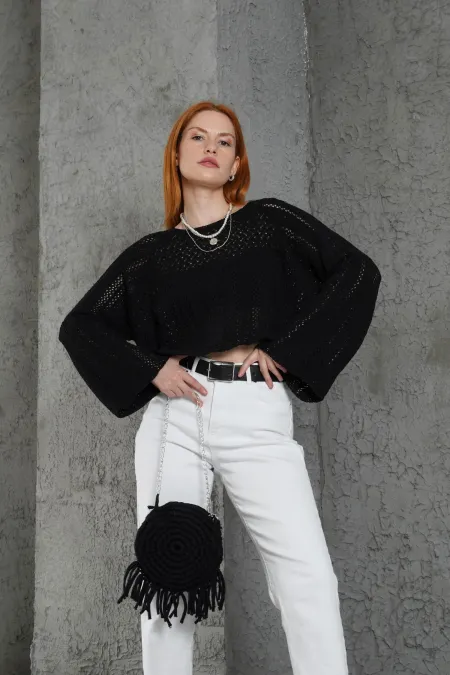 Ajurlu Bisiklet Yaka Siyah Toptan Bluz