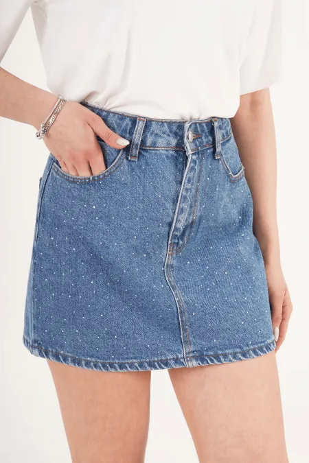Taş İşlemeli Işıltılı Kot Toptan Mini Denim Etek
