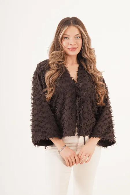 Full Saçaklı İp Bağlamalı Toptan Kahve Kimono