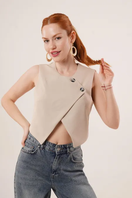Çift Düğmeli Çapraz Model Bej Toptan Yelek