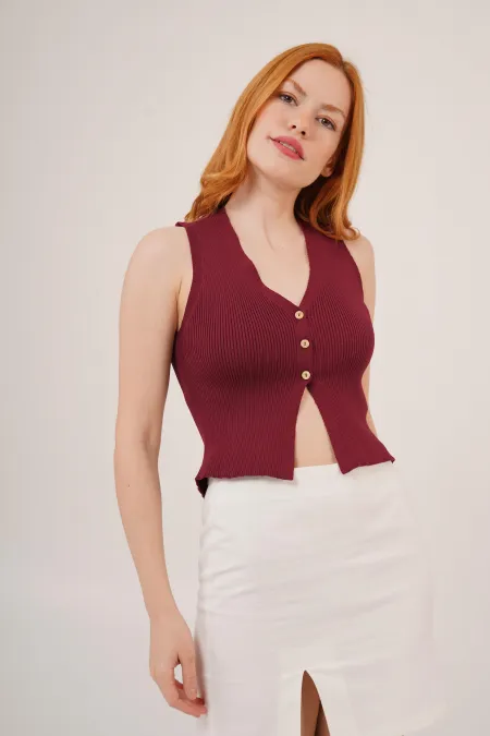 Sıfır Kol Düğme Detaylı Fitilli Bordo Toptan Bluz