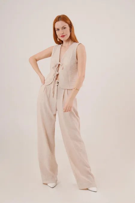 Ön Bağlama Detaylı Yelek Ve Pantolon Taş Toptan İkili Takım