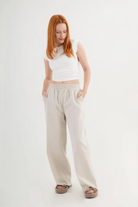 Bel Lastikli Paça Detaylı Cepli Toptan Taş Pantolon