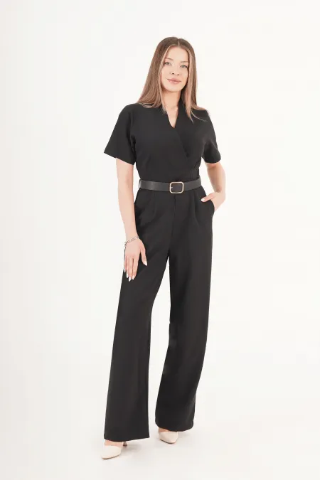 Elegance Kemerli Palazzo Toptan  Siyah Tulum