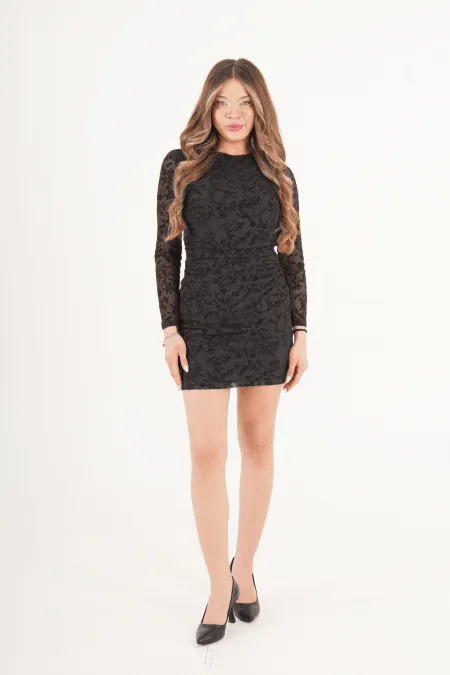 Süet Tül Detaylı Siyah Toptan Mini Elbise