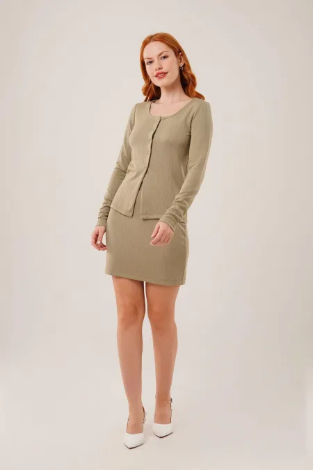 Çizgili Etek Düğmeli Bluz Toptan Haki Takım