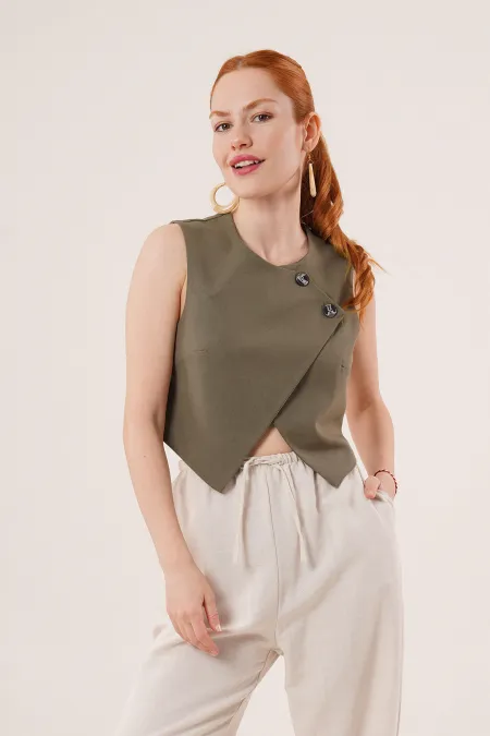 Çift Düğmeli Çapraz Model Haki Toptan Yelek