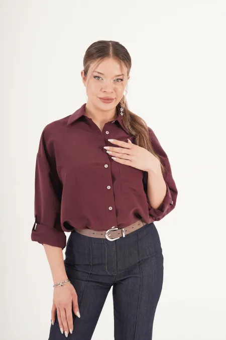 Minimal Soft Çizgili Bordo Toptan Gömlek