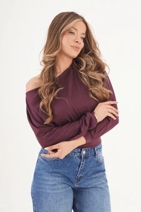 İnce Oys Kumaş Yarasa Kol Toptan Mürdüm Bluz