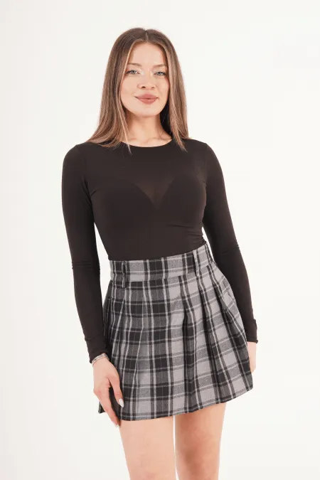 Pileli Yüksek Bel Astarı Şortlu Toptan Gri Mini Etek