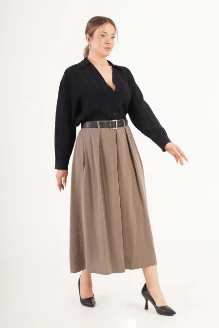 Kemerli Pilili Vizon Midi Toptan Etek