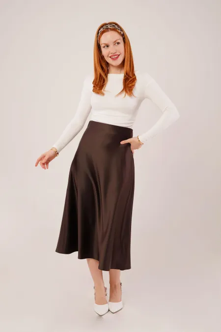 Çan Kesim Midi Kahverengi Toptan Saten Etek