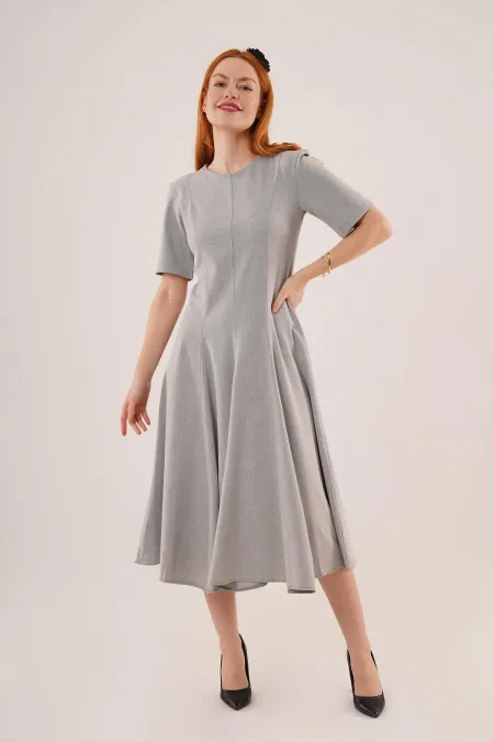 Dikiş Detaylı Kısa Kollu Toptan Gri Uzun Elbise