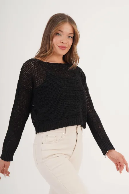 File Geniş Yaka Toptan Siyah Örme Bluz