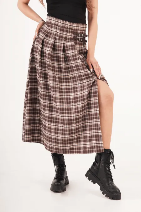 Kemer Detaylı Yan Yırtmaçlı Kahve Ekose Toptan Uzun Etek