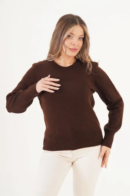 Bisiklet Yaka Düz Model Toptan Kahverengi Kazak