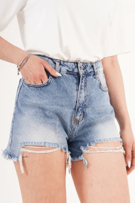 Yüksek Bel Kavisli Distressed Toptan Denim Şort