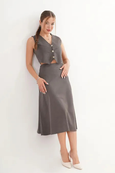 Premium Yelek Ve Etek Antrasit Süet Toptan İkili Takım