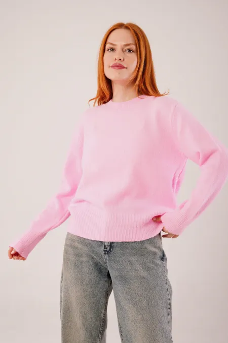 Bisiklet Yaka Düz Model Pembe Triko Toptan Kazak