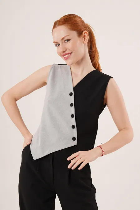 Çapraz Model Düğmeli Siyah Toptan Yelek