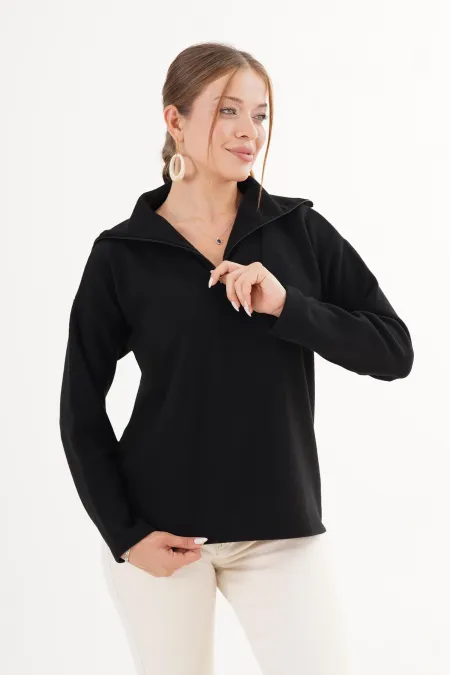 Yaka Yarım Fermuarlı Toptan Siyah Kazak