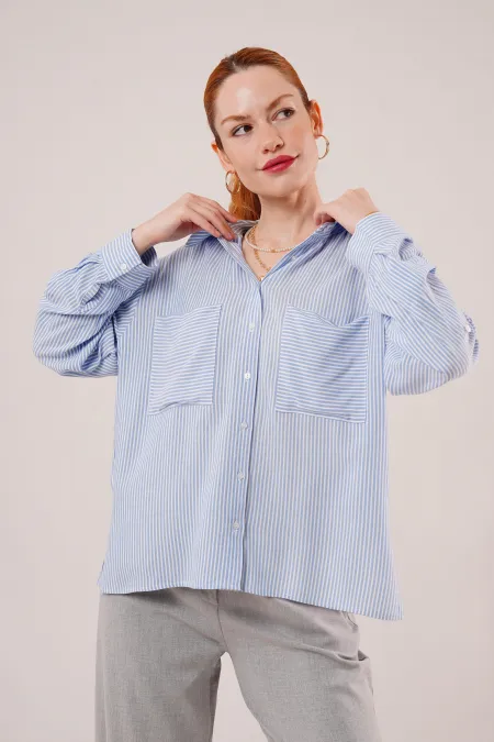 Yarasa Kol Çizgili Cep Detaylı Toptan Mavi Gömlek