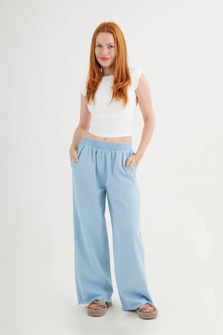 Bel Lastikli Paça Detaylı Cepli Toptan Mavi Pantolon