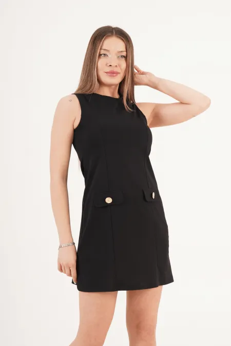 Belden Oturtmalı Ön Dikişli Siyah Toptan Mini Elbise