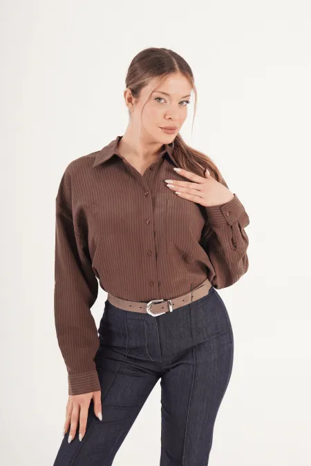 Çizgili Dökümlü Toptan Kahve Gömlek