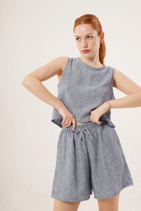 Arkası Düğme Detaylı Bluz Ve Cepli Şort İkili Toptan İndigo Takım