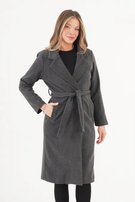 Beli Kuşaklı Astarlı Toptan Antrast Kaşe Kaban