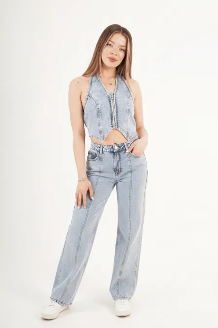 Denim Urban Retro Kot Yelek Jean Toptan Takım