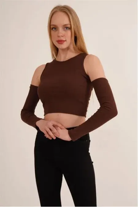 Omuz Detaylı Bisiklet Yaka Toptan Bluz Kahverengi