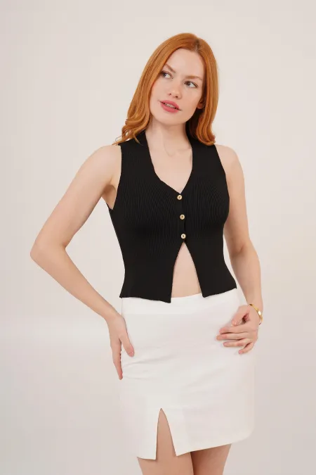 Sıfır Kol Düğme Detaylı Fitilli Siyah Toptan Bluz