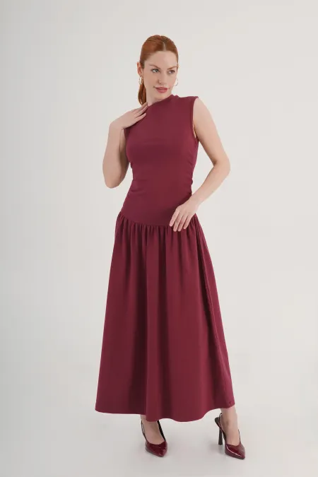 Beli Büzgülü Bordo Toptan Elbise