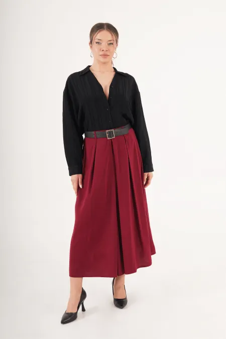 Kemerli Pilili Bordo Midi Toptan Etek