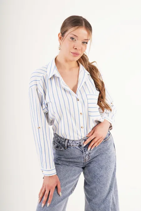 Keten Mavi Çizgili Cepli Dökümlü Toptan Gömlek