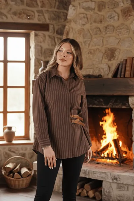 Çift Kemer Detaylı Çizgili Toptan Kahve Gömlek
