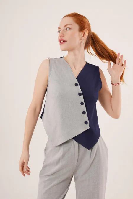 Çapraz Model Düğmeli Lacivert Toptan Yelek