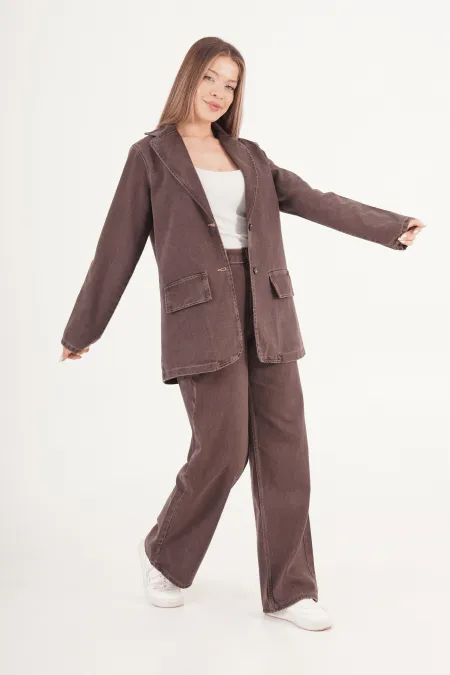 Yıkamalı Urban Kahve Ceket Pantolon Denim Toptan Takım
