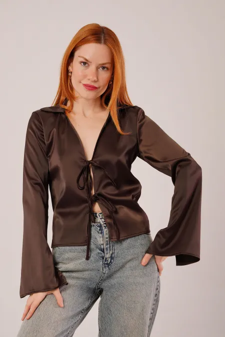 Önden Bağlama Detaylı Saten Toptan Kahverengi Bluz