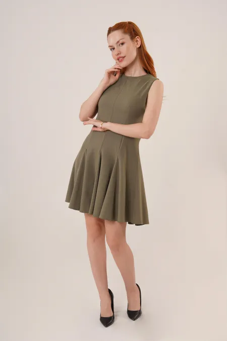 Sıfır Kol Pileli Toptan Haki Mini Elbise