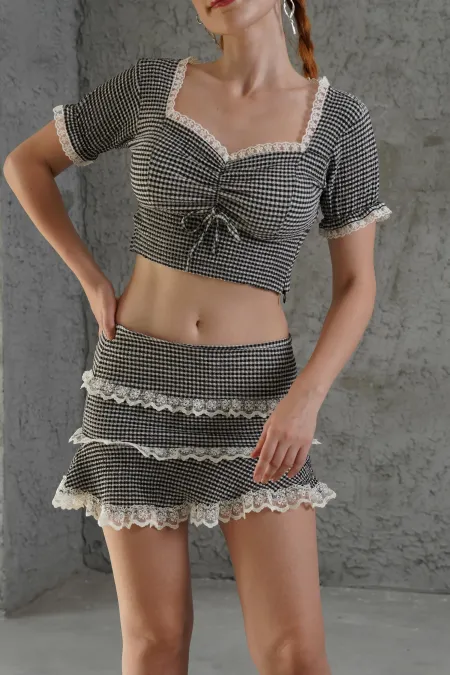 Pötikare Desenli Etek Crop Siyah Toptan İkili Takım