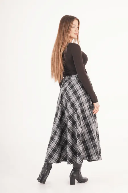 Kareli Yüksek Bel Trend Siyah Toptan Etek