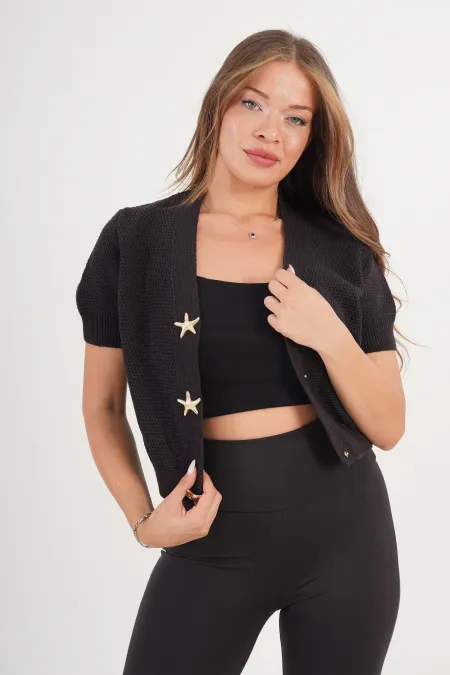 Yıldız Çıtçıt Düğmeli Kısa Kol Siyah Toptan Triko Hırka