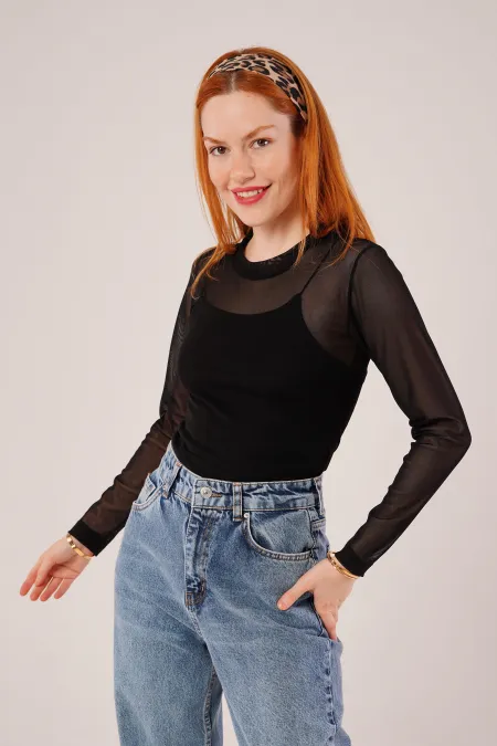 Transparan Siyah Toptan Tül Basic Bluz