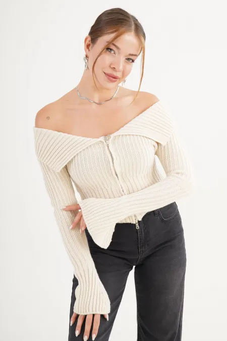 Madonna Yaka Full Fermuarlı Toptan Taş Triko Bluz